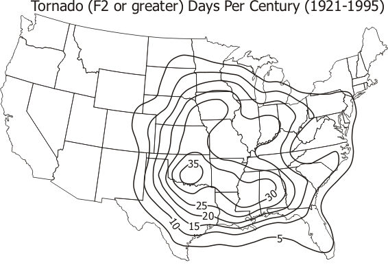 F2 Tornado Days per Century Map